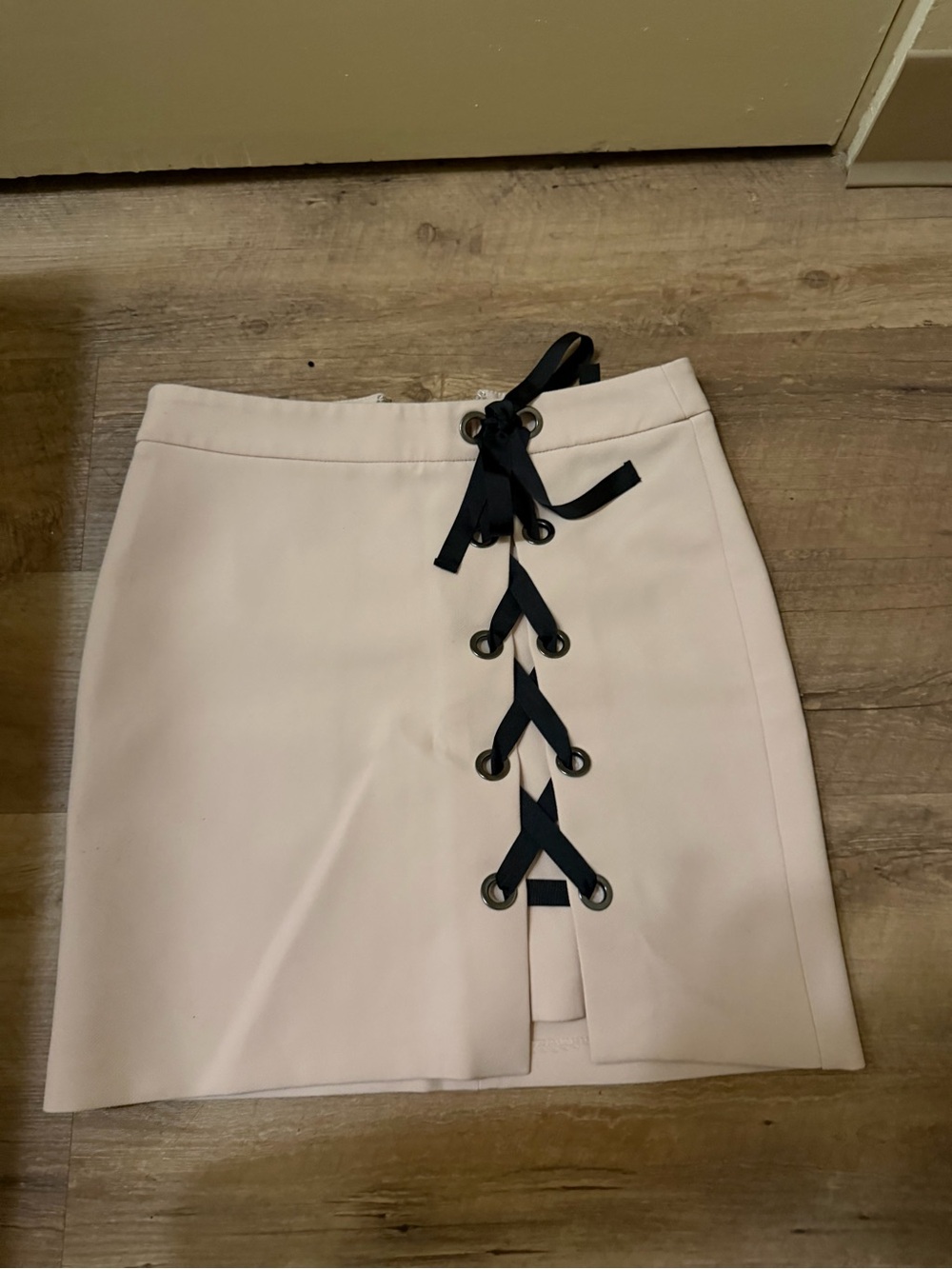 Topshop Cream Mini Skirt with Black Lace-Up Detail